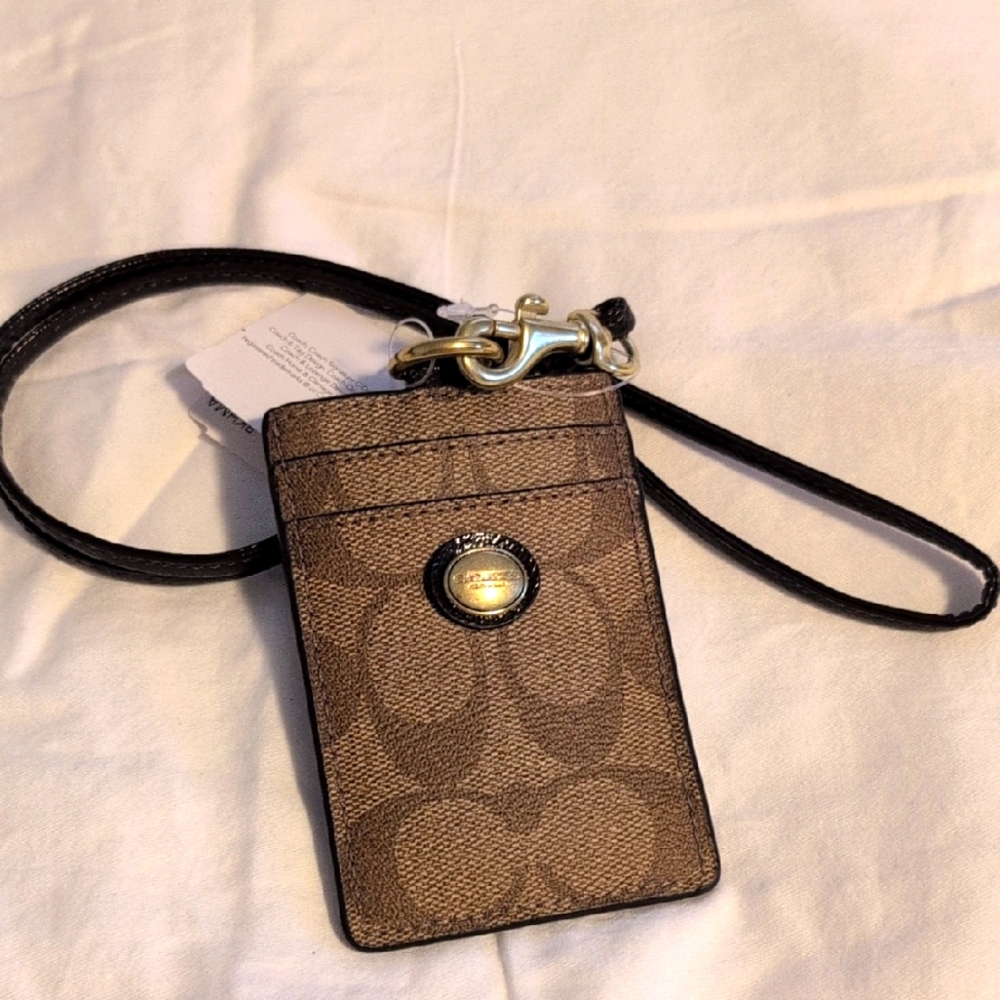 Coach Tan and Black Signature Lanyard Card Holder